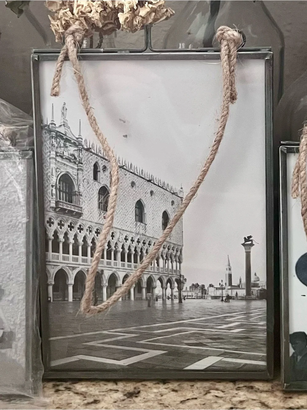 Set of 7 Cost Plus World Market Black & Cream Hanging Photo Frames with Rope